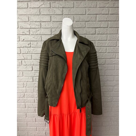 XOXO Women Green Faux Suede Long Sleeve Moto Jacket Size M - Picture 1 of 12